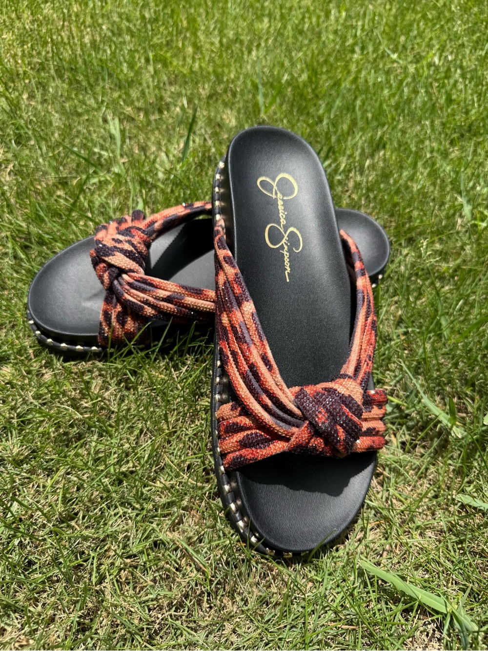 Jessica Simpson Cilleva Leopard Rhinestone Knotted Slide Sandals